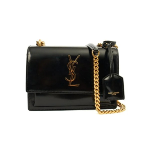 Saint Laurent – Sac à bandoulière Sunset en cuir verni, Noir