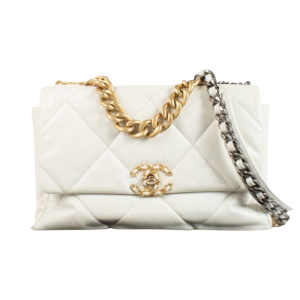 Chanel – Sac 19 Flap matelassé en cuir, Blanc